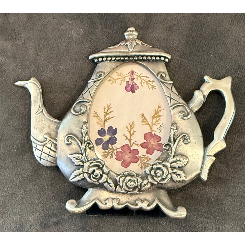 Teapot Picture Frame Silver Tone Pressed Flowers Rose Pewter Cottagecore Garden
